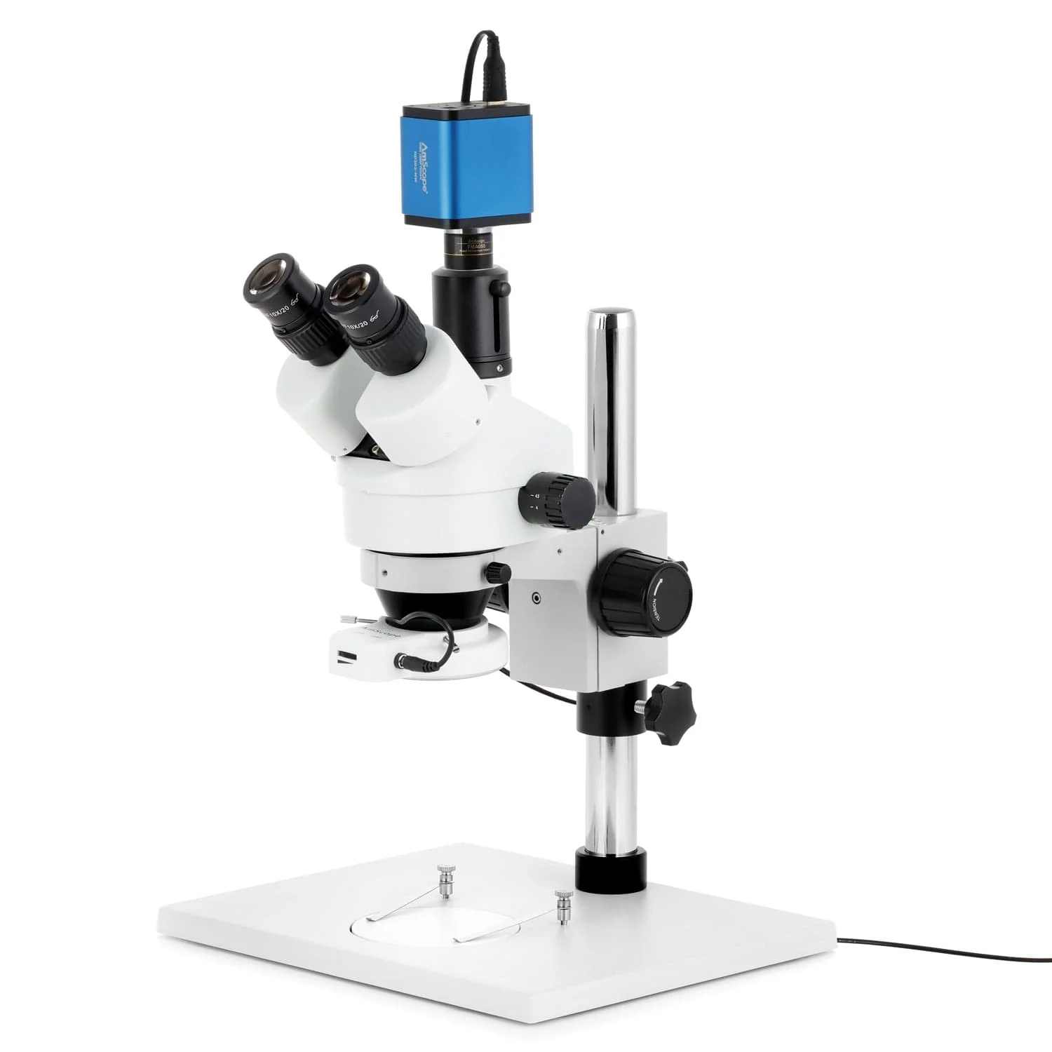 AmScope SM-1 Series Zoom Trinocular Stereo Microscope with 56 LED Compact Ring Light and HDMI Camera on Track Stand