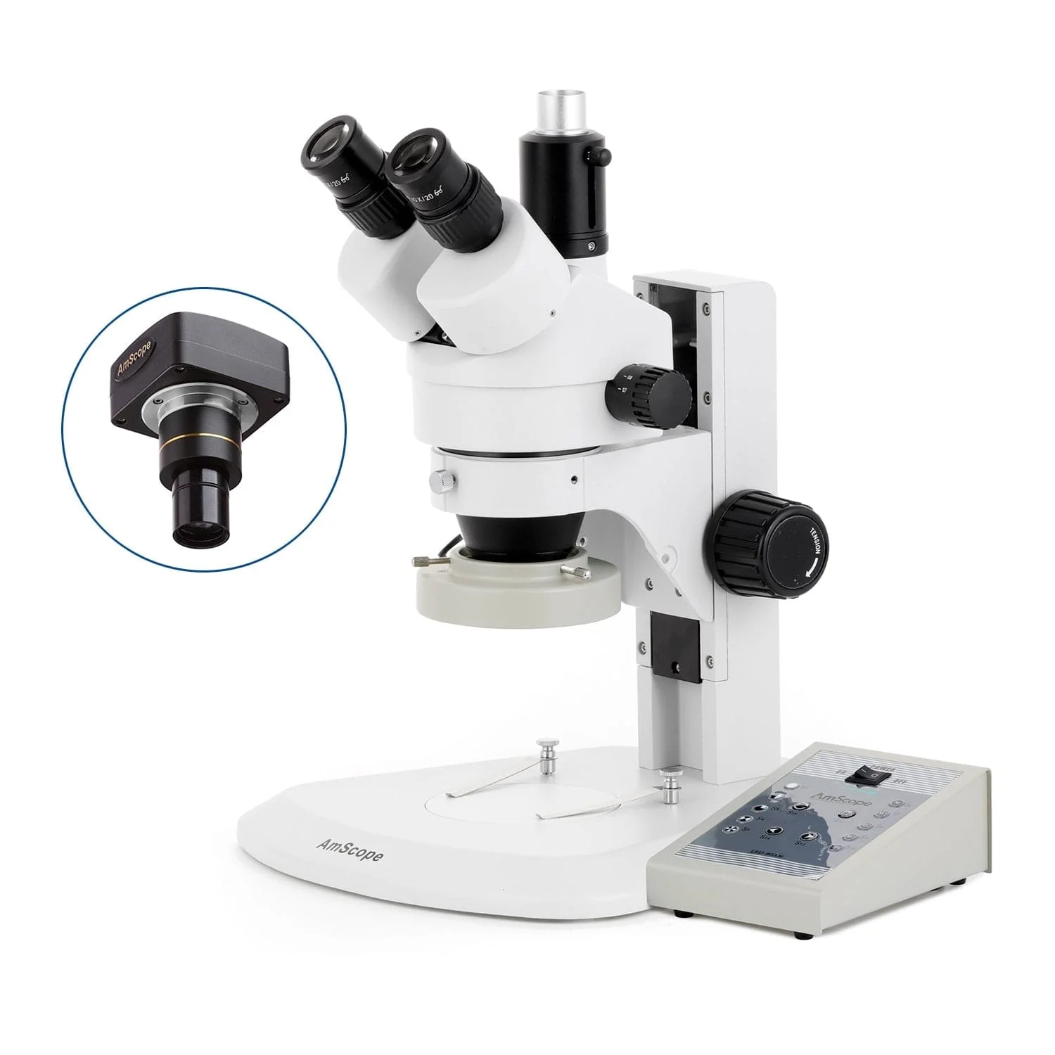 AmScope SM-1 Series Zoom Trinocular Stereo Microscope with 80 LED Direction Variable Ring Light and Optional Digital Camera on Track Stand - Image 2