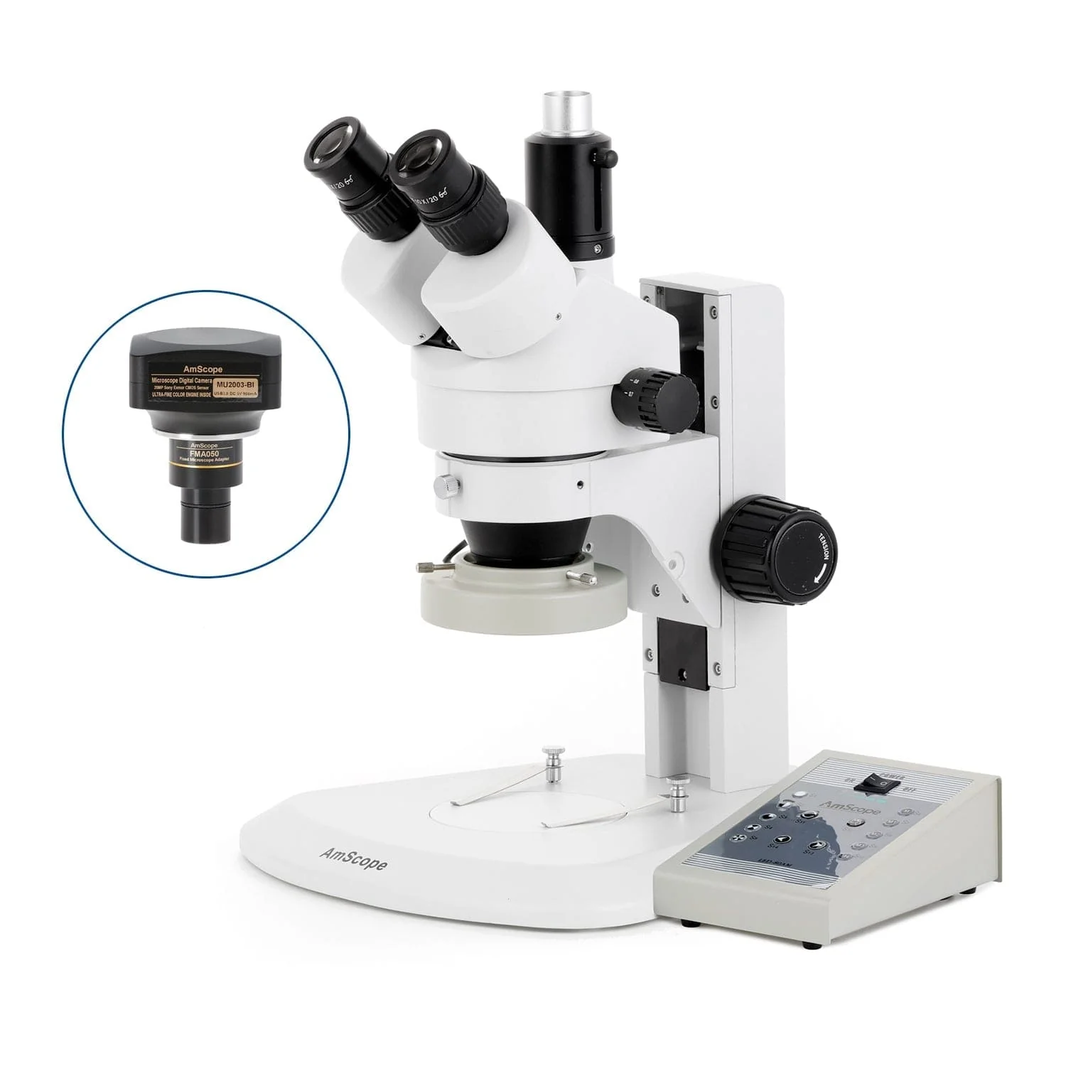 AmScope SM-1 Series Zoom Trinocular Stereo Microscope with 80 LED Direction Variable Ring Light and Optional Digital Camera on Track Stand - Image 6