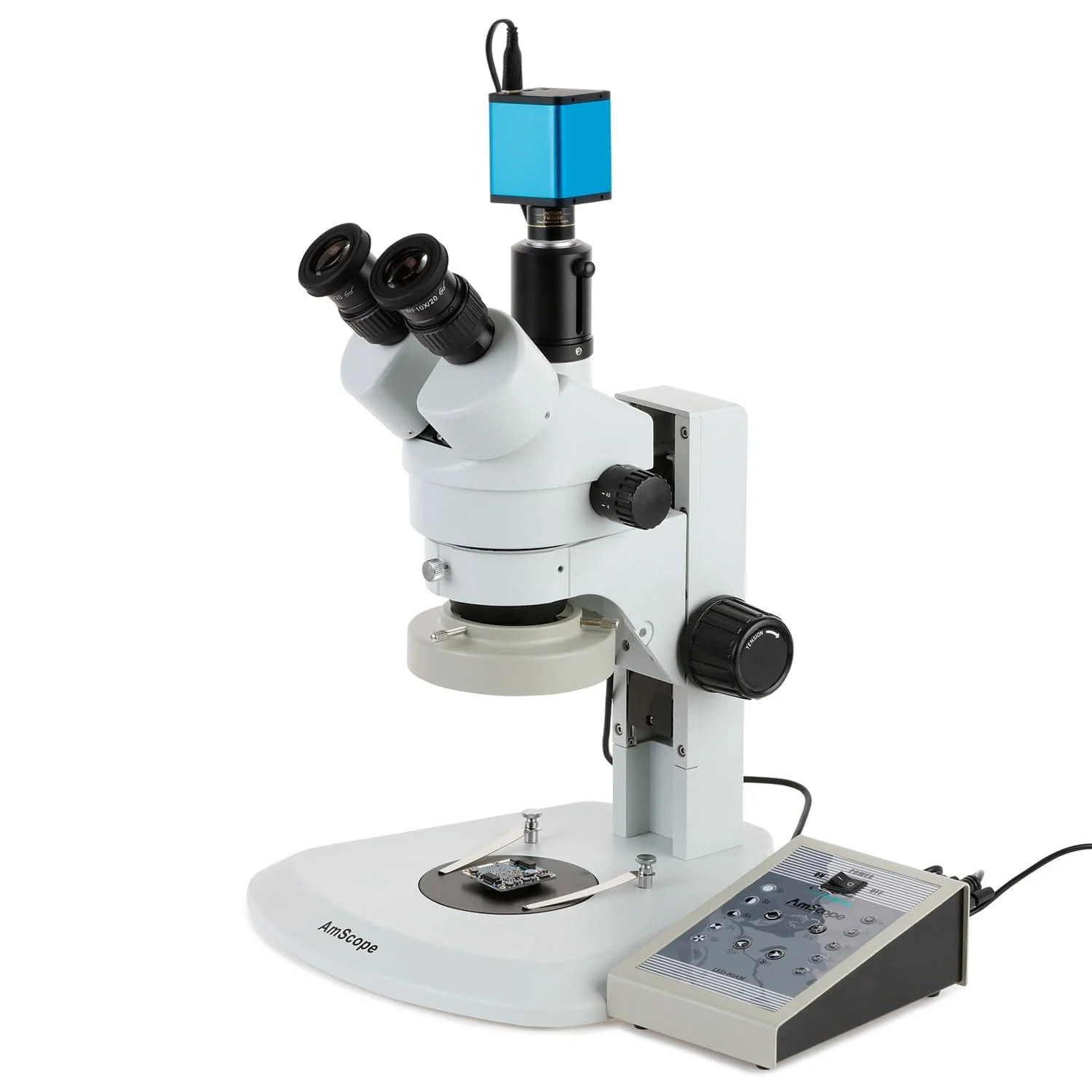 AmScope SM-1 Series Zoom Trinocular Stereo Microscope with 80 LED Direction Variable Ring Light and Auto Focus Camera on Track Stand