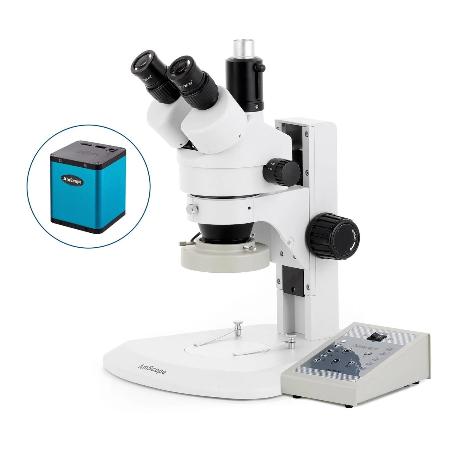 AmScope SM-1 Series Zoom Trinocular Stereo Microscope with 80 LED Direction Variable Ring Light and Auto Focus Camera on Track Stand - Image 3