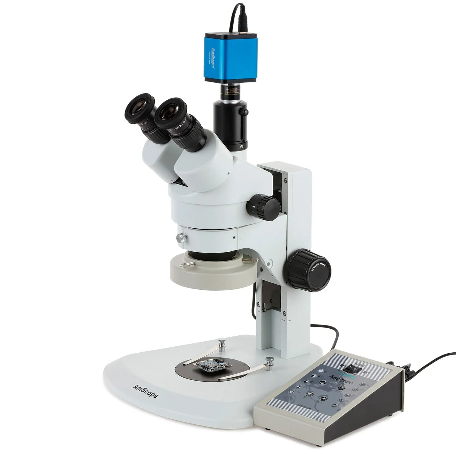 AmScope SM-1 Series Zoom Trinocular Stereo Microscope with 80 LED Direction Variable Ring Light and HDMI Camera on Track Stand