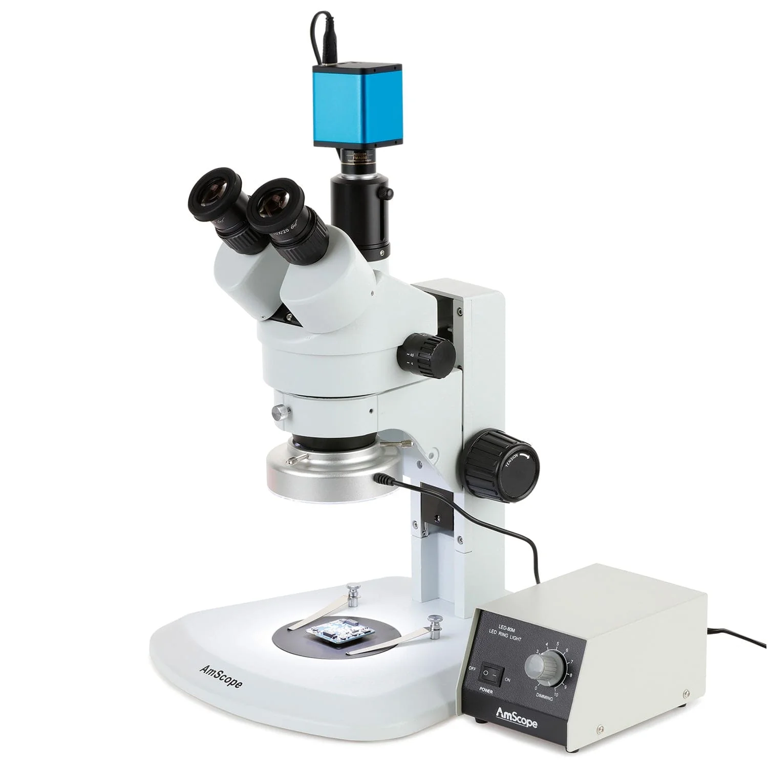 AmScope SM-1 Series Zoom Trinocular Stereo Microscope with Heavy Duty 80 LED Ring Light and Auto Focus Camera on Track Stand