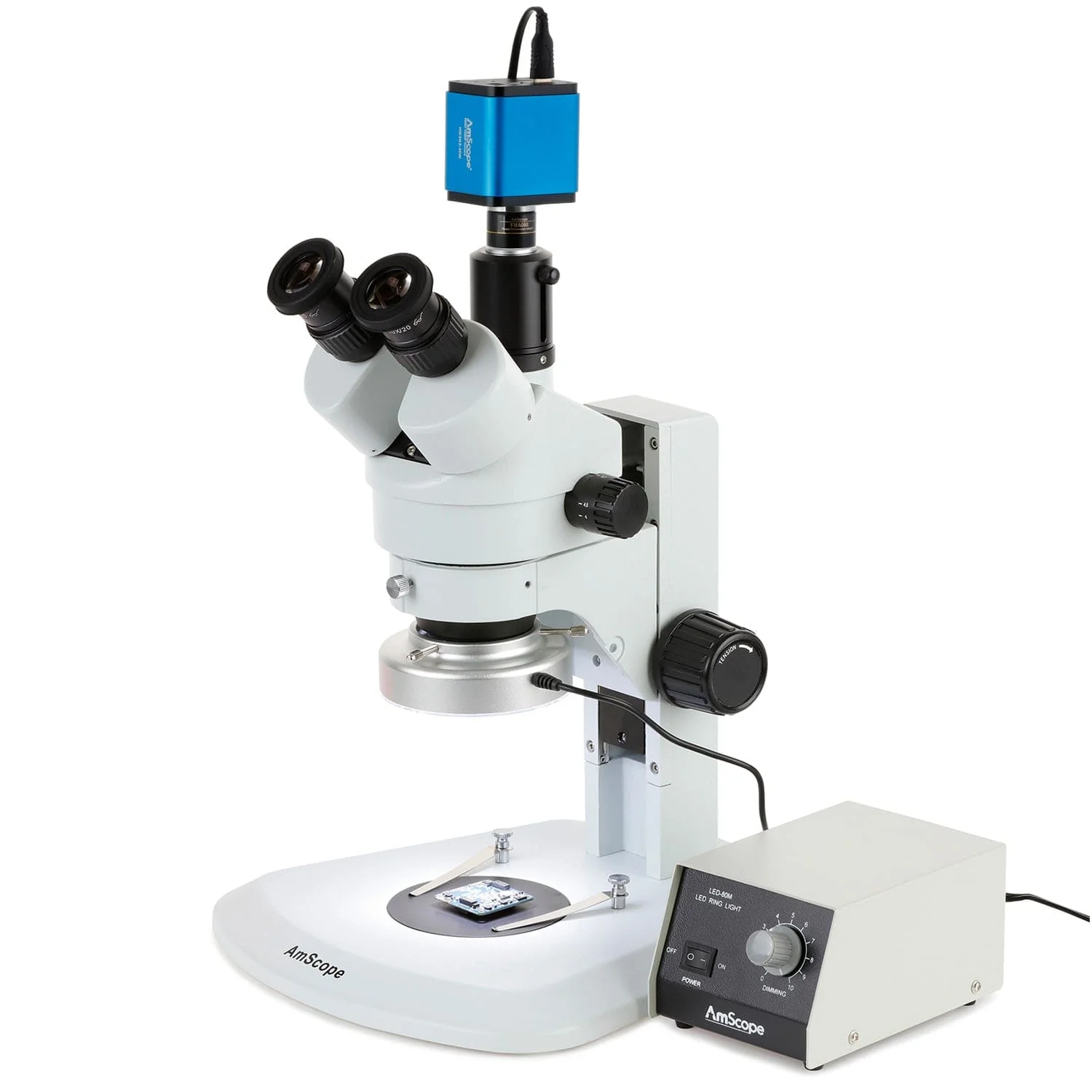 AmScope SM-1 Series Zoom Trinocular Stereo Microscope with Heavy Duty 80 LED Ring Light and HDMI Camera on Track Stand