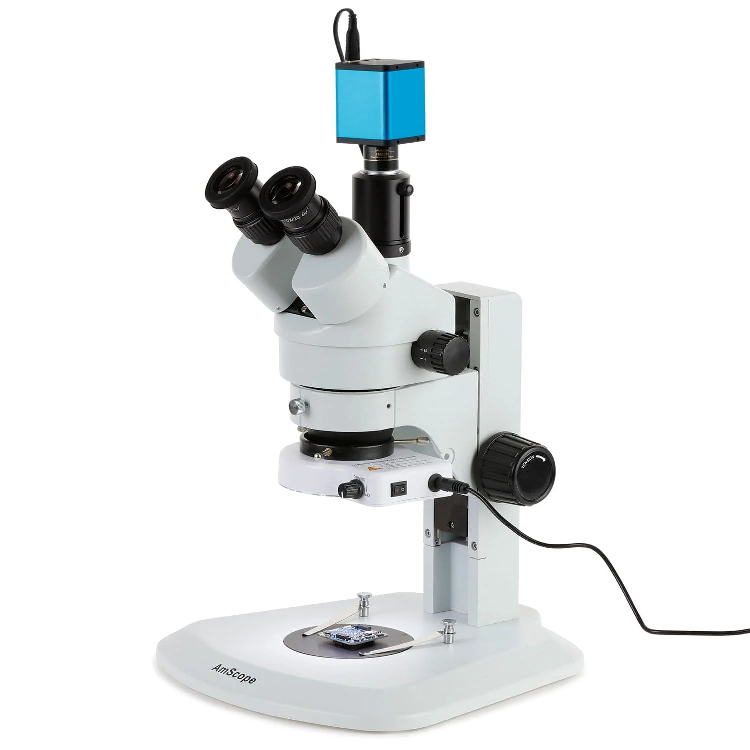 AmScope SM-1 Series Zoom Trinocular Stereo Microscope with 80 LED Compact Ring Light and Auto Focus Camera on Track Stand