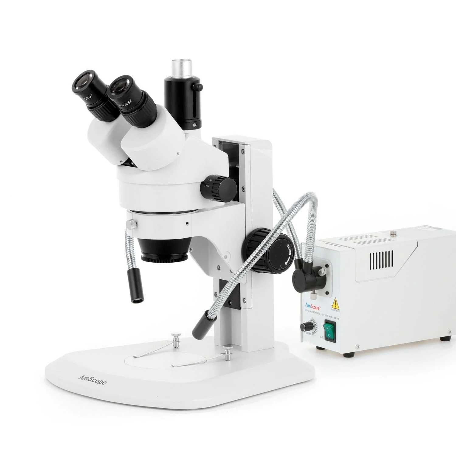 AmScope SM-1 Series Zoom Trinocular Stereo Microscope with 150W Halogen Dual Fiber Gooseneck Lights and Optional Digital Camera on Track Stand