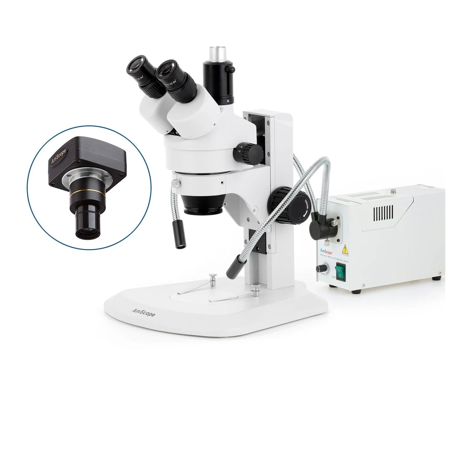AmScope SM-1 Series Zoom Trinocular Stereo Microscope with 150W Halogen Dual Fiber Gooseneck Lights and Optional Digital Camera on Track Stand - Image 2