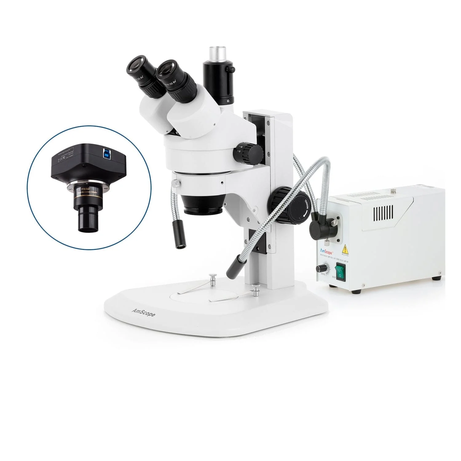 AmScope SM-1 Series Zoom Trinocular Stereo Microscope with 150W Halogen Dual Fiber Gooseneck Lights and Optional Digital Camera on Track Stand - Image 4