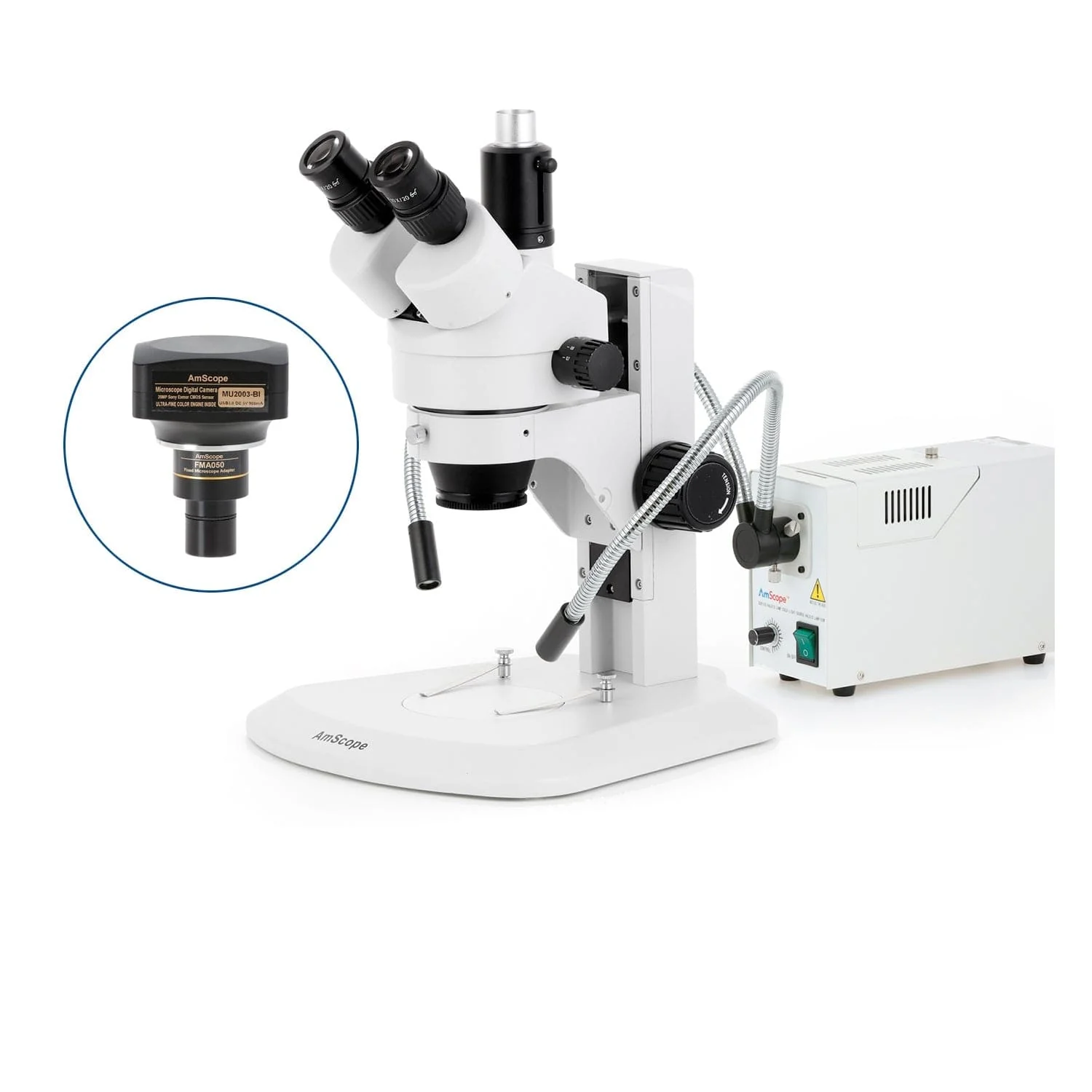 AmScope SM-1 Series Zoom Trinocular Stereo Microscope with 150W Halogen Dual Fiber Gooseneck Lights and Optional Digital Camera on Track Stand - Image 6