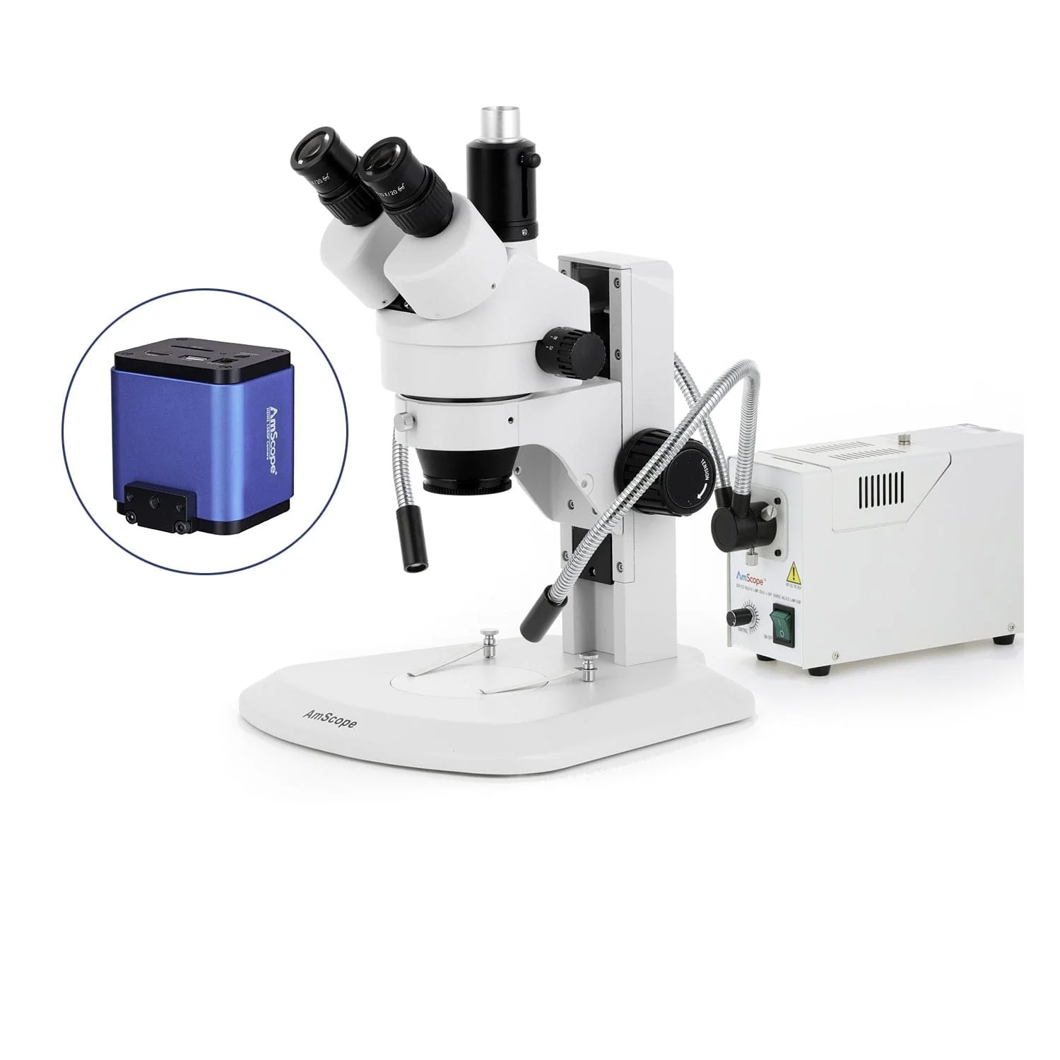 AmScope SM-1 Series Zoom Trinocular Stereo Microscope with 150W Halogen Dual Fiber Gooseneck Lights and HDMI Camera on Track Stand - Image 3