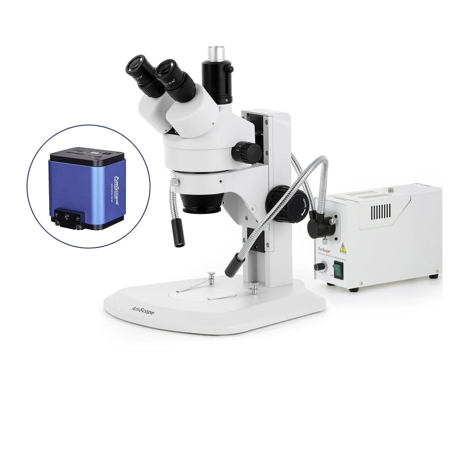 AmScope SM-1 Series Zoom Trinocular Stereo Microscope with 150W Halogen Dual Fiber Gooseneck Lights and HDMI Camera on Track Stand - Image 5