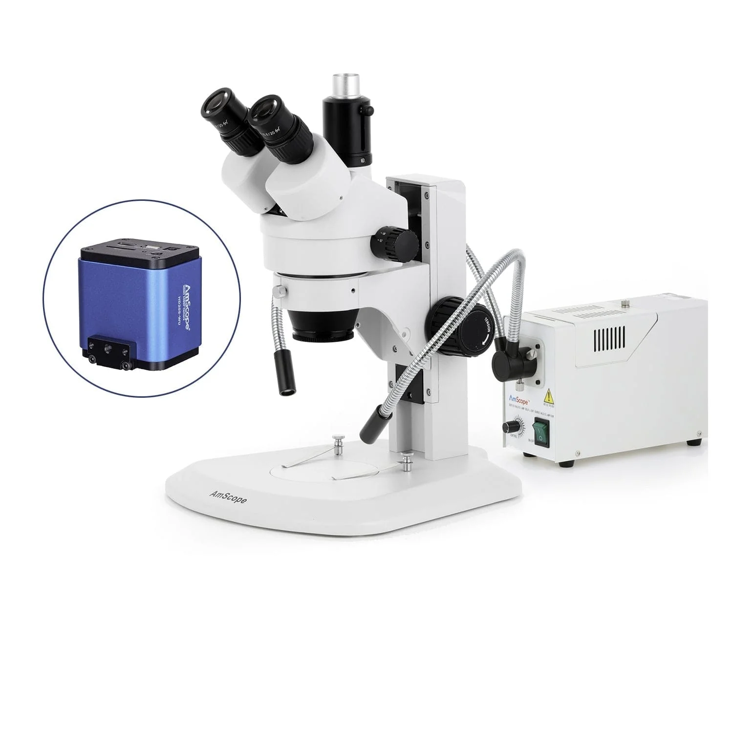 AmScope SM-1 Series Zoom Trinocular Stereo Microscope with 150W Halogen Dual Fiber Gooseneck Lights and HDMI Camera on Track Stand - Image 7