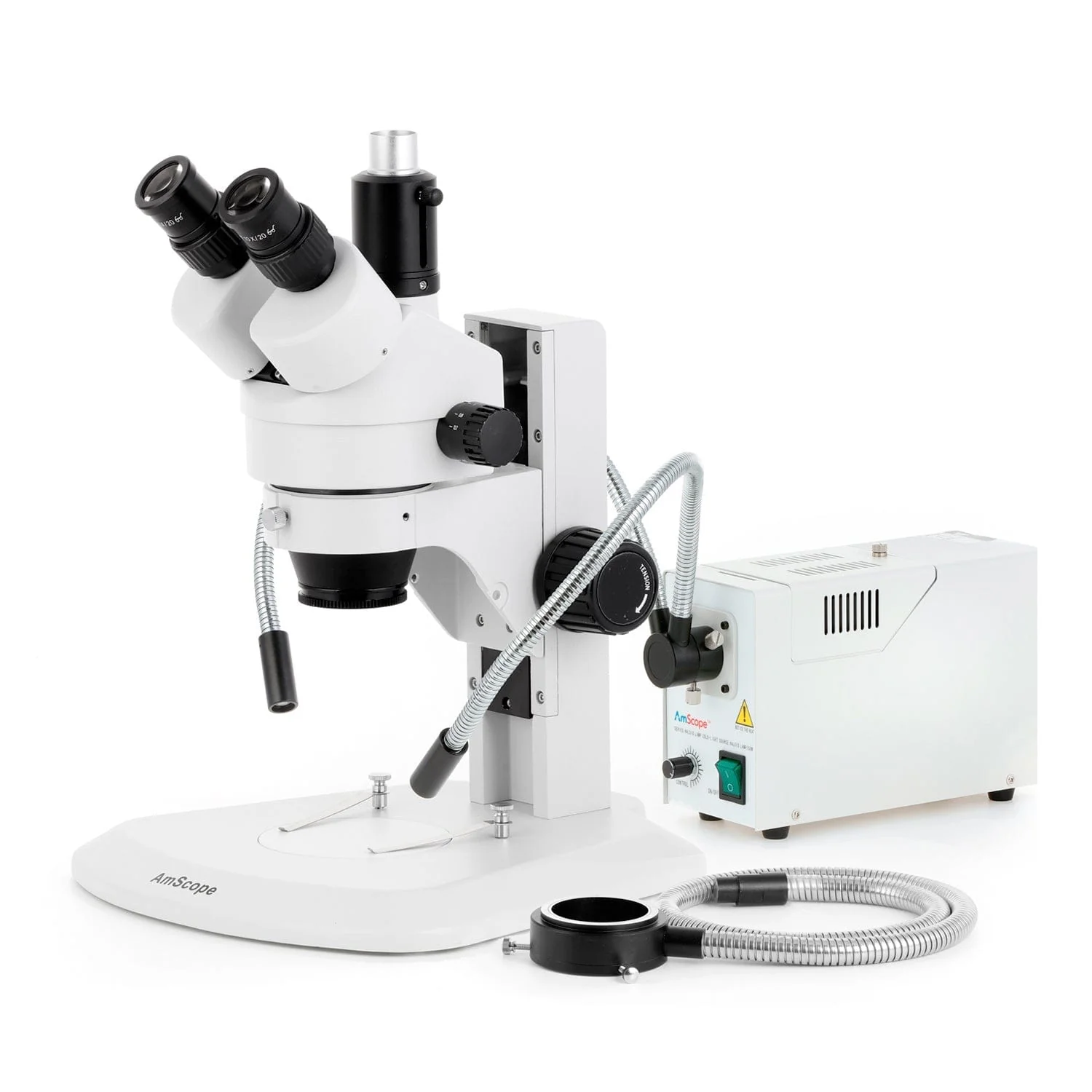 AmScope SM-1 Series Zoom Trinocular Stereo Microscope with 150W Halogen Dual Gooseneck & Ring Lights and Optional Digital Camera on Track Stand