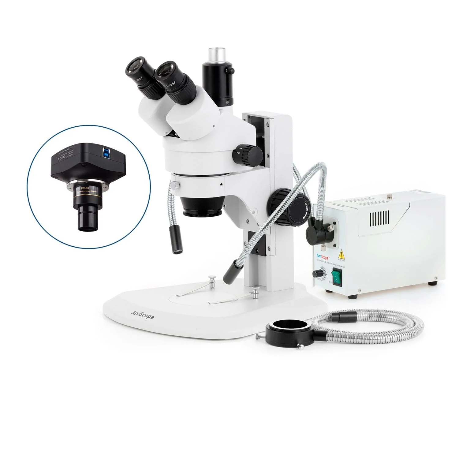 AmScope SM-1 Series Zoom Trinocular Stereo Microscope with 150W Halogen Dual Gooseneck & Ring Lights and Optional Digital Camera on Track Stand - Image 4