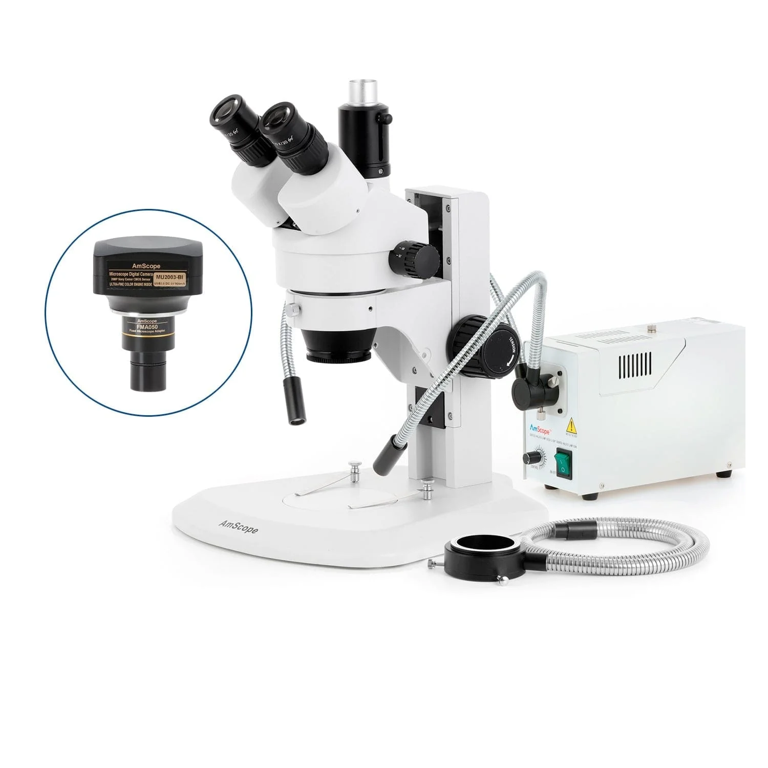 AmScope SM-1 Series Zoom Trinocular Stereo Microscope with 150W Halogen Dual Gooseneck & Ring Lights and Optional Digital Camera on Track Stand - Image 6