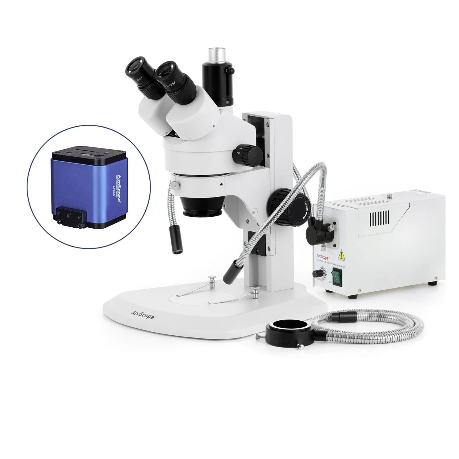 AmScope SM-1 Series Zoom Trinocular Stereo Microscope with 150W Halogen Dual Gooseneck & Ring Lights and Auto Focus Camera on Track Stand - Image 4