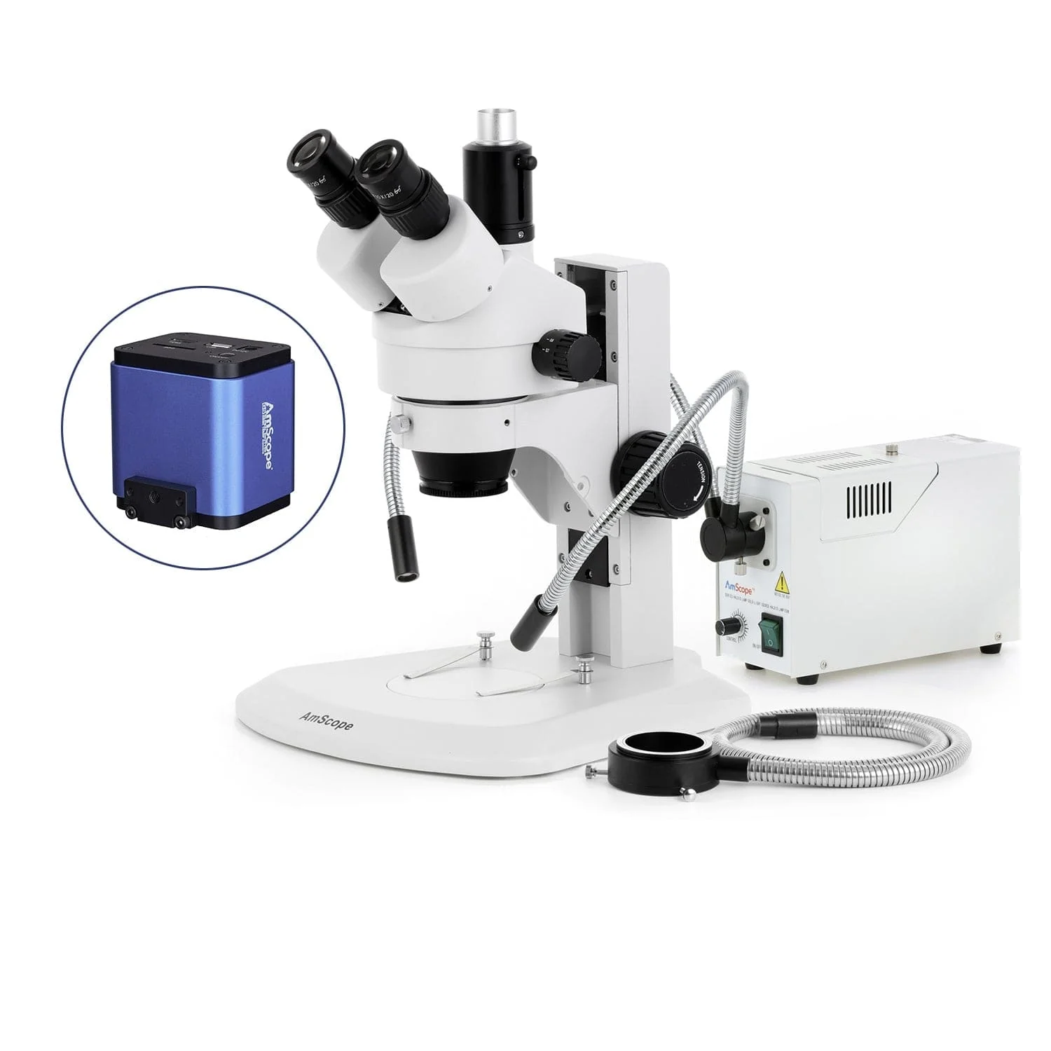 AmScope SM-1 Series Zoom Trinocular Stereo Microscope with 150W Halogen Dual Gooseneck & Ring Lights and HDMI Camera on Track Stand - Image 9