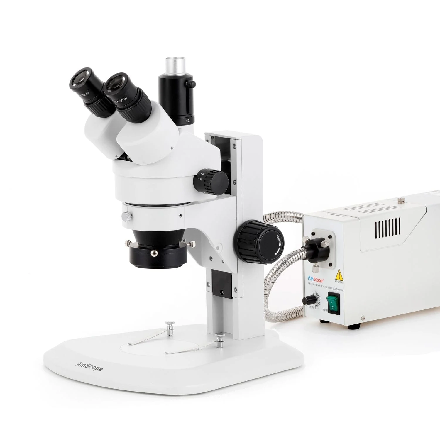 AmScope SM-1 Series Zoom Trinocular Stereo Microscope with 150W Halogen Ring Light and Optional Digital Camera on Track Stand