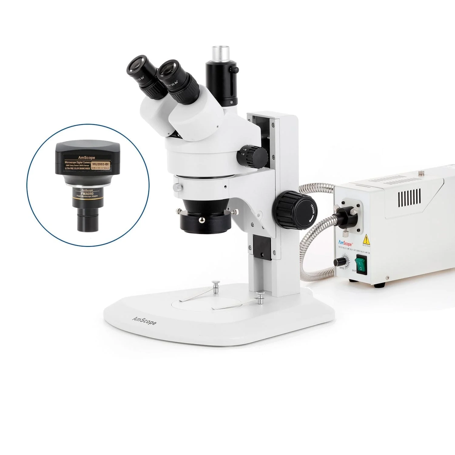 AmScope SM-1 Series Zoom Trinocular Stereo Microscope with 150W Halogen Ring Light and Optional Digital Camera on Track Stand - Image 6