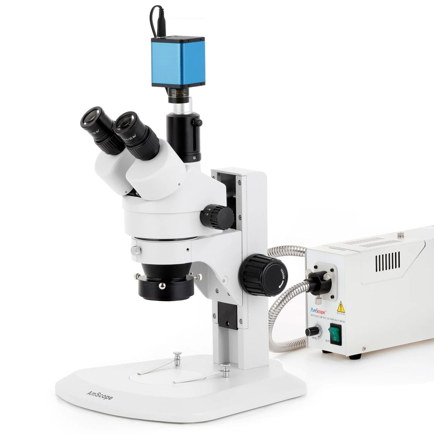 AmScope SM-1 Series Zoom Trinocular Stereo Microscope with 150W Halogen Ring Light and Auto Focus Camera on Track Stand