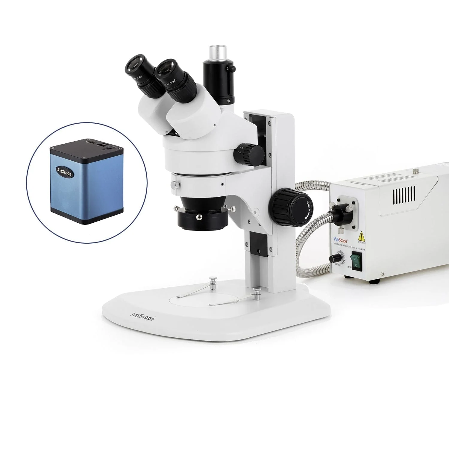 AmScope SM-1 Series Zoom Trinocular Stereo Microscope with 150W Halogen Ring Light and Auto Focus Camera on Track Stand - Image 3