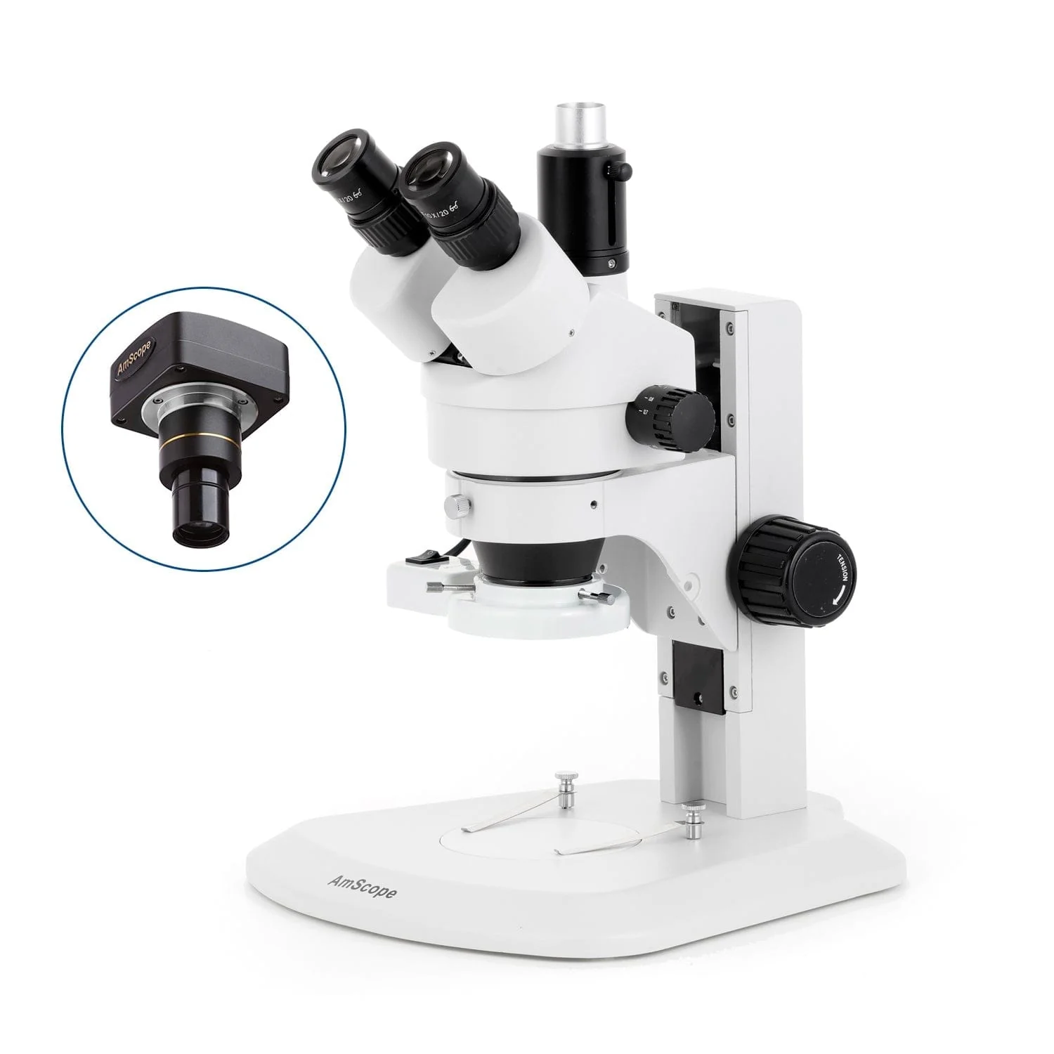 AmScope SM-1 Series Zoom Trinocular Stereo Microscope with 8W Fluorescent Ring Light and Optional Digital Camera on Track Stand - Image 2