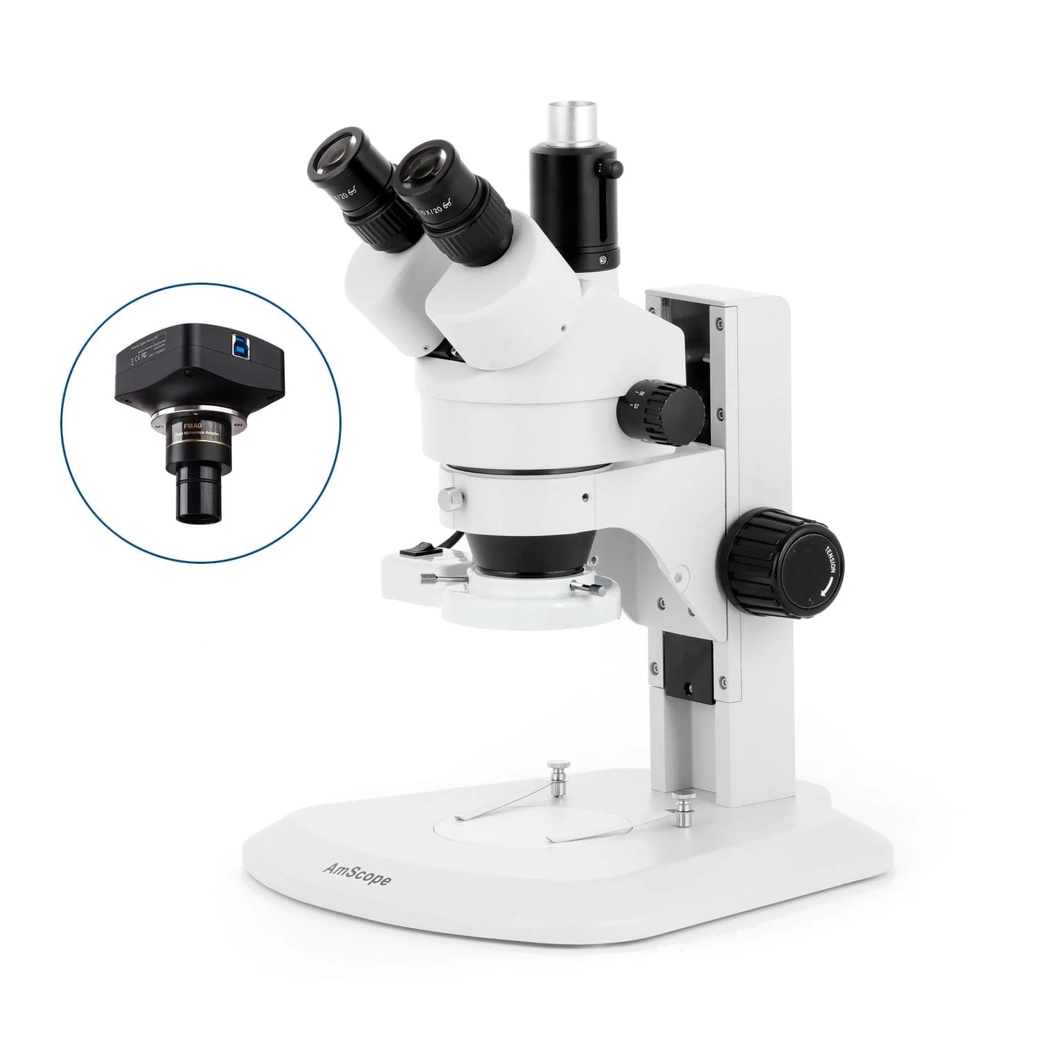 AmScope SM-1 Series Zoom Trinocular Stereo Microscope with 8W Fluorescent Ring Light and Optional Digital Camera on Track Stand - Image 4