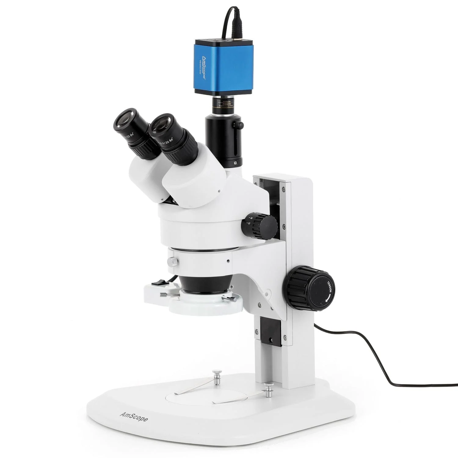 AmScope SM-1 Series Zoom Trinocular Stereo Microscope with 8W Fluorescent Ring Light and HDMI Camera on Track Stand
