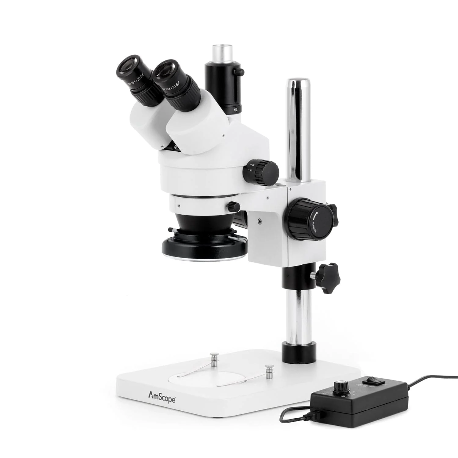 AmScope SM-1 Series Zoom Trinocular Stereo Microscope with 144 LED Ring Light and Optional Digital Camera on Pillar Stand