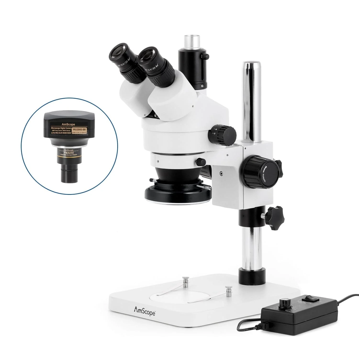 AmScope SM-1 Series Zoom Trinocular Stereo Microscope with 144 LED Ring Light and Optional Digital Camera on Pillar Stand - Image 6