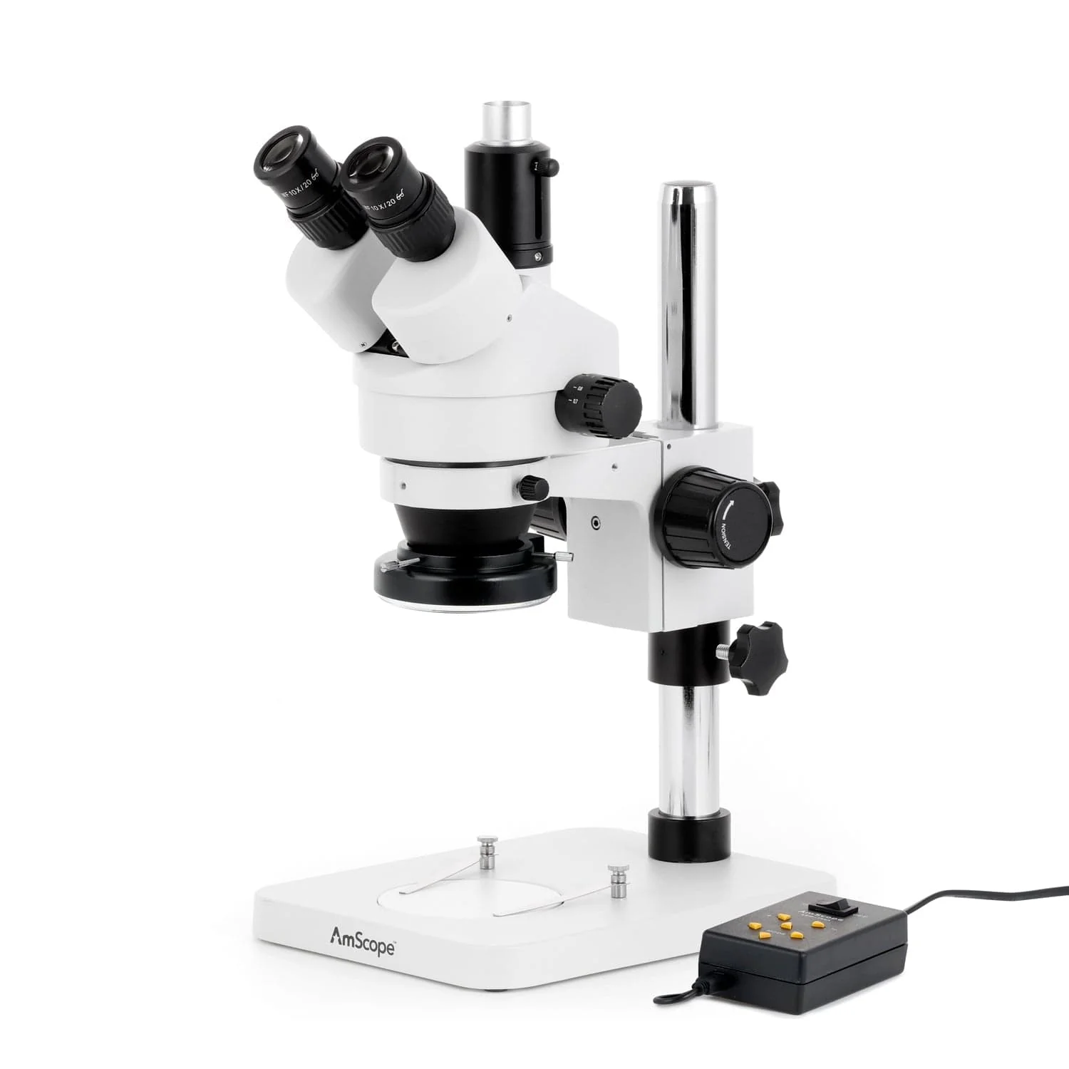 AmScope SM-1 Series Zoom Trinocular Stereo Microscope with Multi-Zone 144 LED and Optional Digital Camera on Pillar Stand