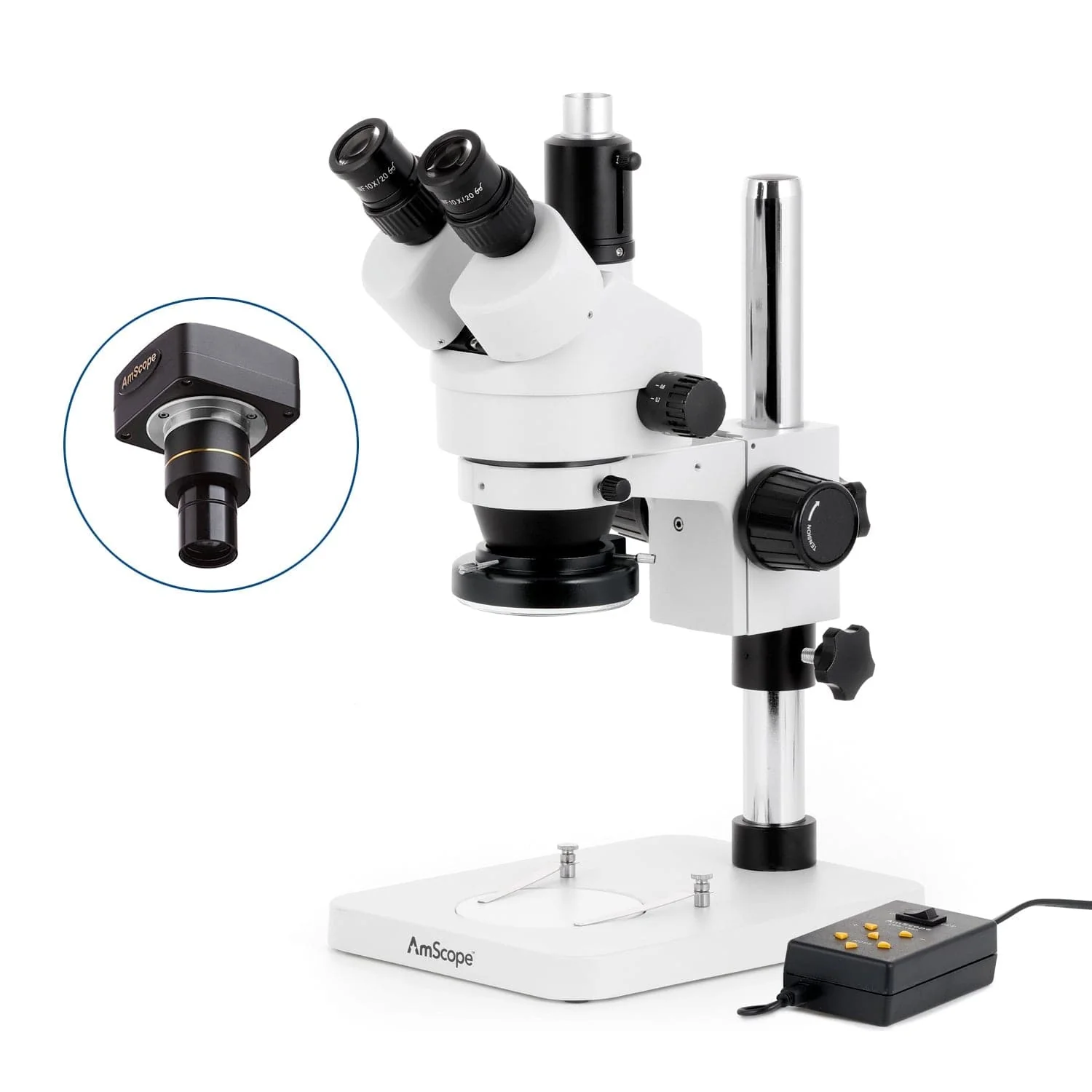 AmScope SM-1 Series Zoom Trinocular Stereo Microscope with Multi-Zone 144 LED and Optional Digital Camera on Pillar Stand - Image 2