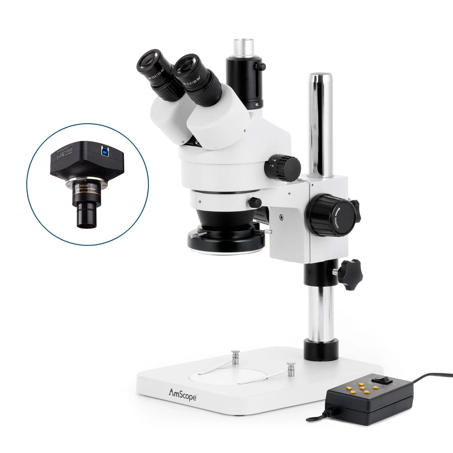 AmScope SM-1 Series Zoom Trinocular Stereo Microscope with Multi-Zone 144 LED and Optional Digital Camera on Pillar Stand - Image 4