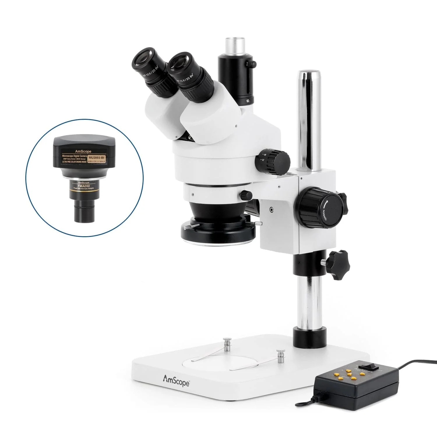 AmScope SM-1 Series Zoom Trinocular Stereo Microscope with Multi-Zone 144 LED and Optional Digital Camera on Pillar Stand - Image 6