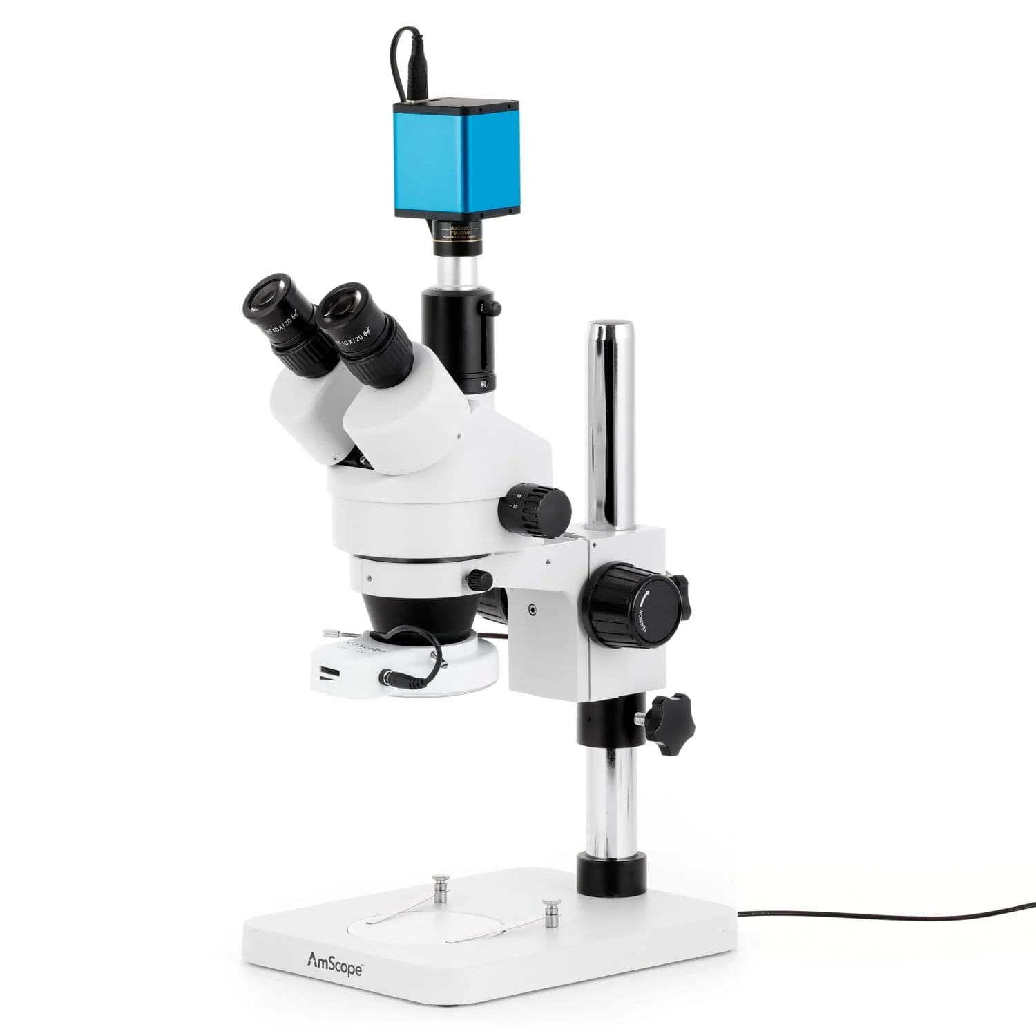 AmScope SM-1 Series Zoom Trinocular Stereo Microscope with 144 LED Compact Ring Light and Auto Focus Camera on Pillar Stand