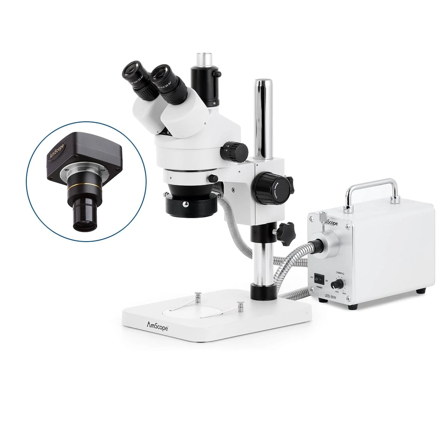 AmScope SM-1 Series Zoom Trinocular Stereo Microscope with 30W LED Fiber Optic Ring Light and Optional Digital Camera on Pillar Stand - Image 2