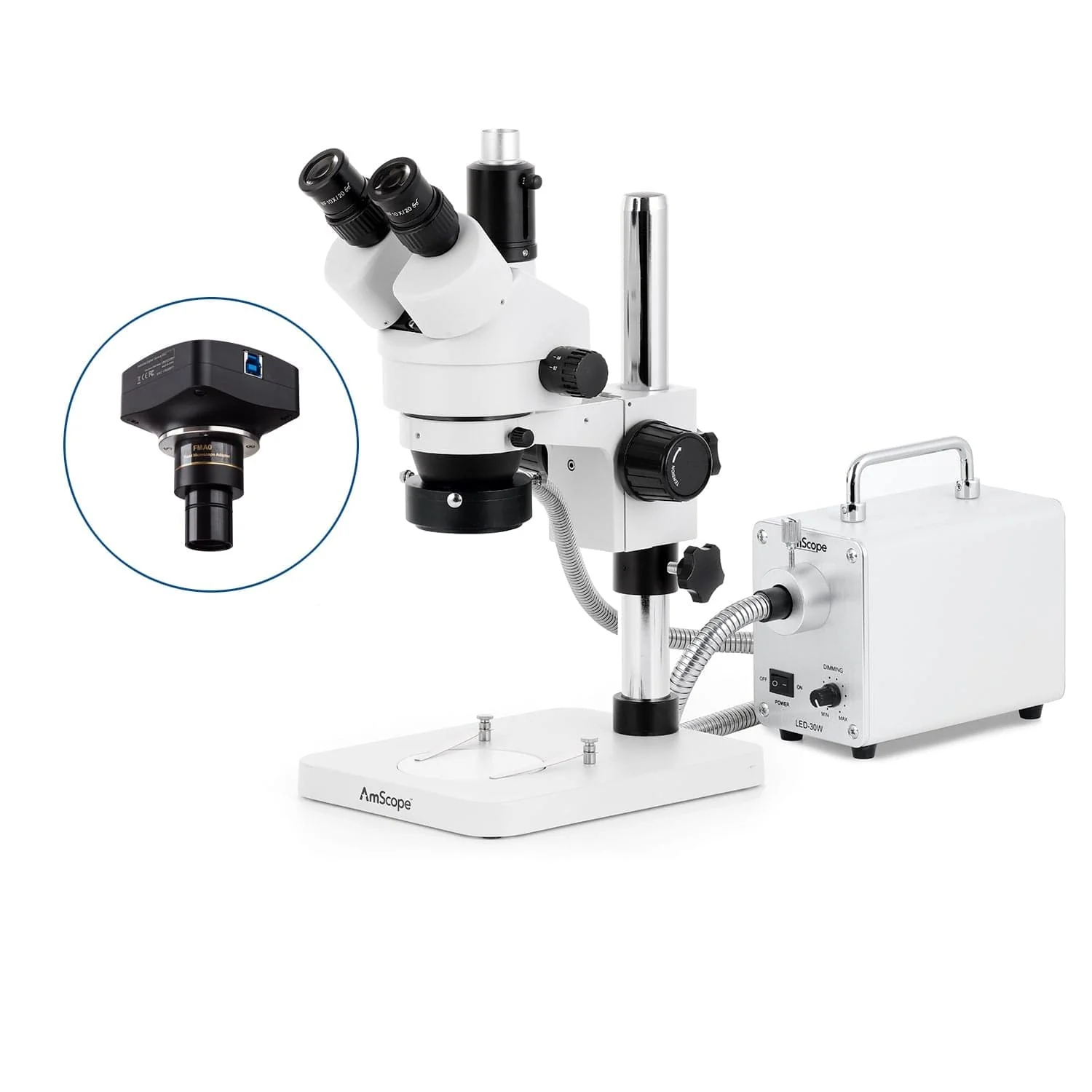 AmScope SM-1 Series Zoom Trinocular Stereo Microscope with 30W LED Fiber Optic Ring Light and Optional Digital Camera on Pillar Stand - Image 4
