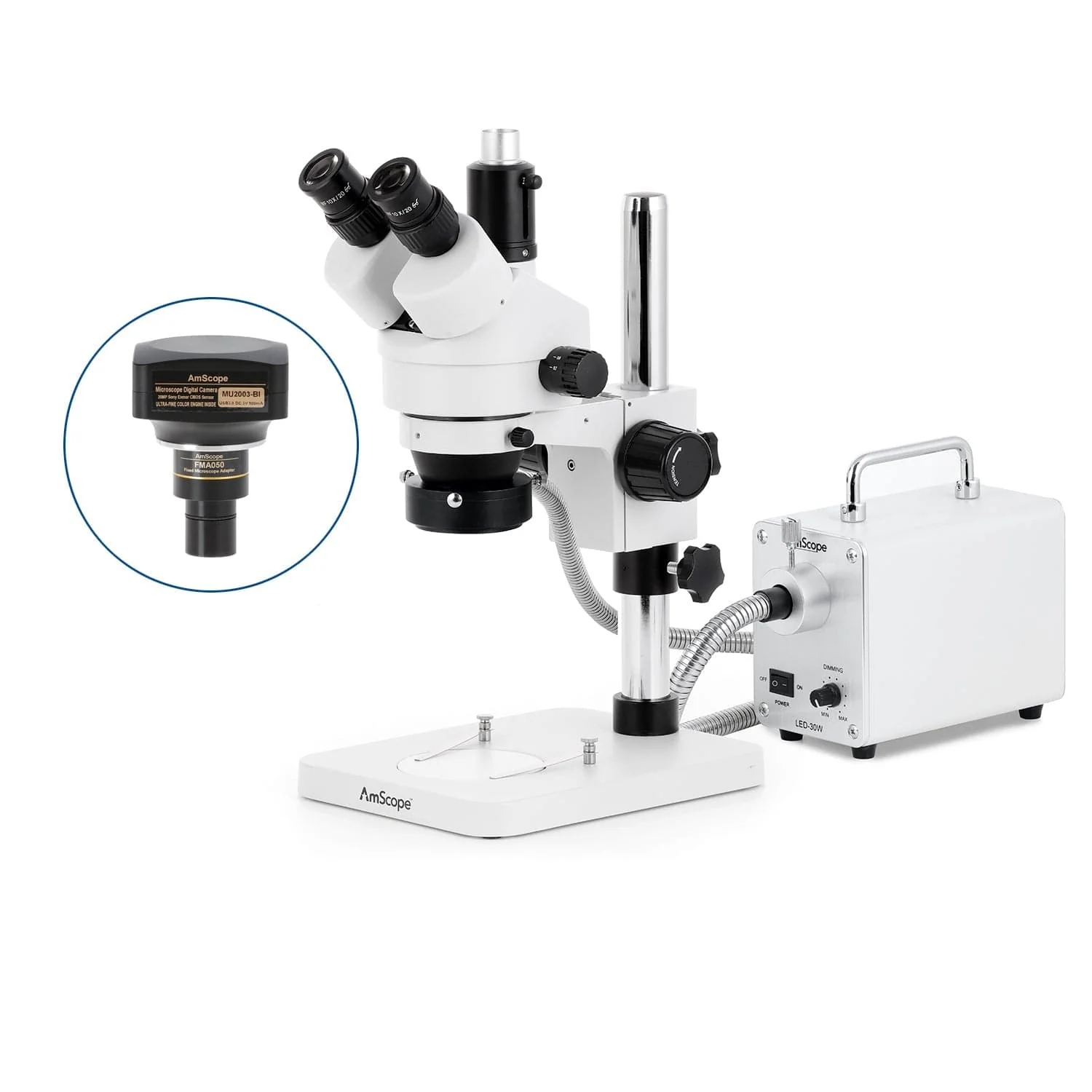 AmScope SM-1 Series Zoom Trinocular Stereo Microscope with 30W LED Fiber Optic Ring Light and Optional Digital Camera on Pillar Stand - Image 6