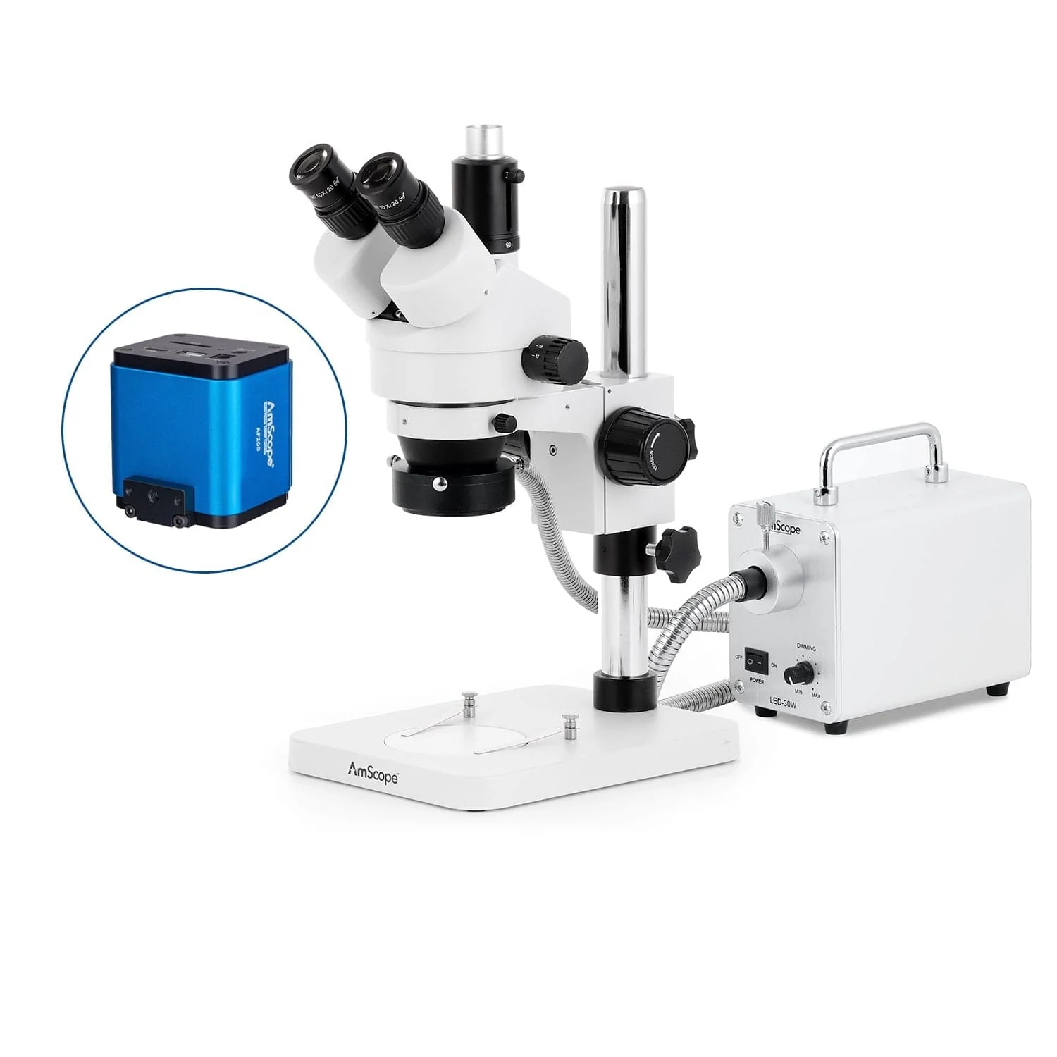 AmScope SM-1 Series Zoom Trinocular Stereo Microscope with 30W LED Fiber Optic Ring Light and HDMI Camera on Pillar Stand - Image 7