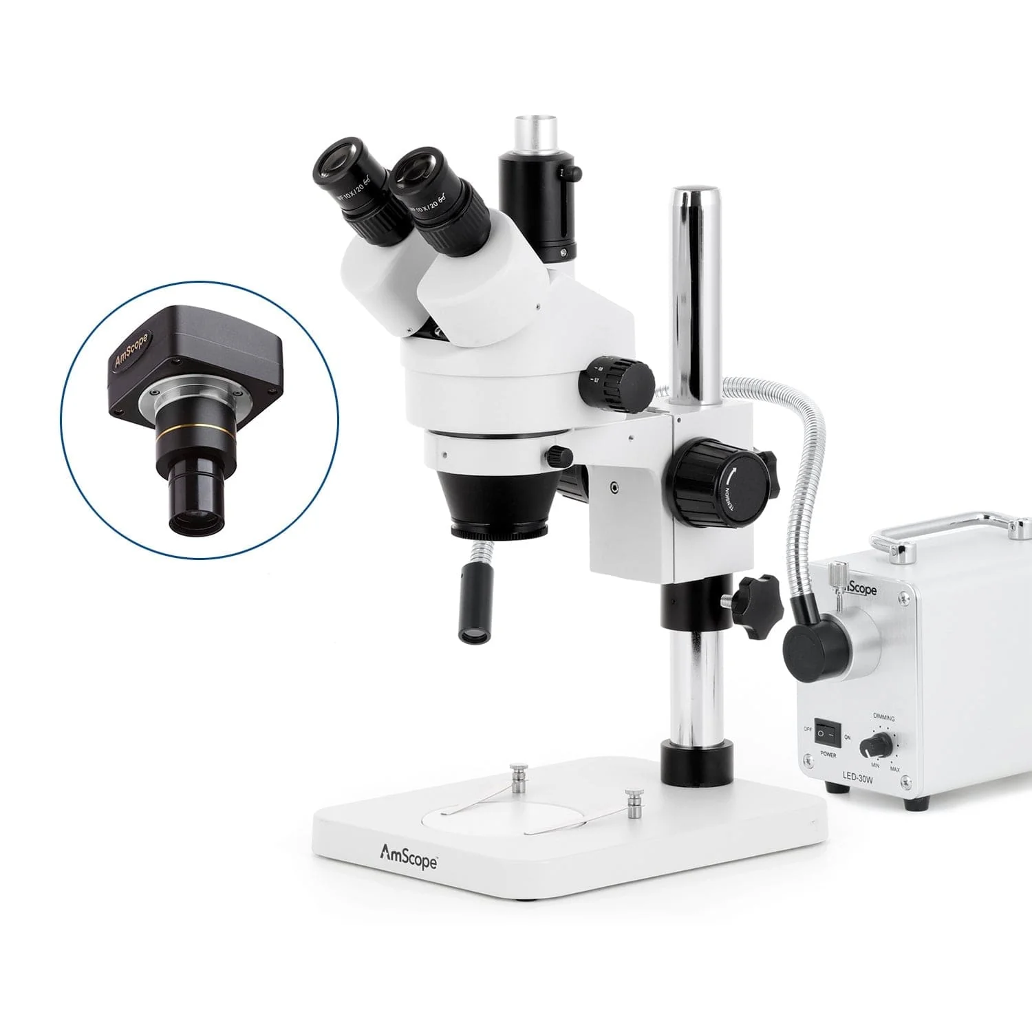 AmScope SM-1 Series Zoom Trinocular Stereo Microscope with 30W LED Single Fiber Optic Gooseneck Light and Optional Digital Camera on Pillar Stand - Image 2