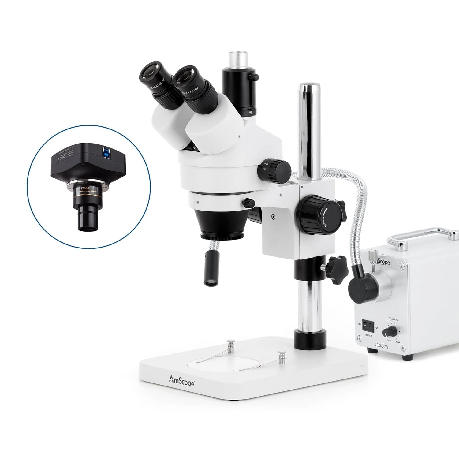 AmScope SM-1 Series Zoom Trinocular Stereo Microscope with 30W LED Single Fiber Optic Gooseneck Light and Optional Digital Camera on Pillar Stand - Image 4