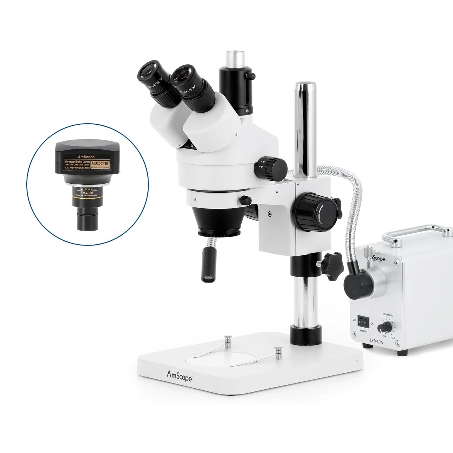 AmScope SM-1 Series Zoom Trinocular Stereo Microscope with 30W LED Single Fiber Optic Gooseneck Light and Optional Digital Camera on Pillar Stand - Image 6