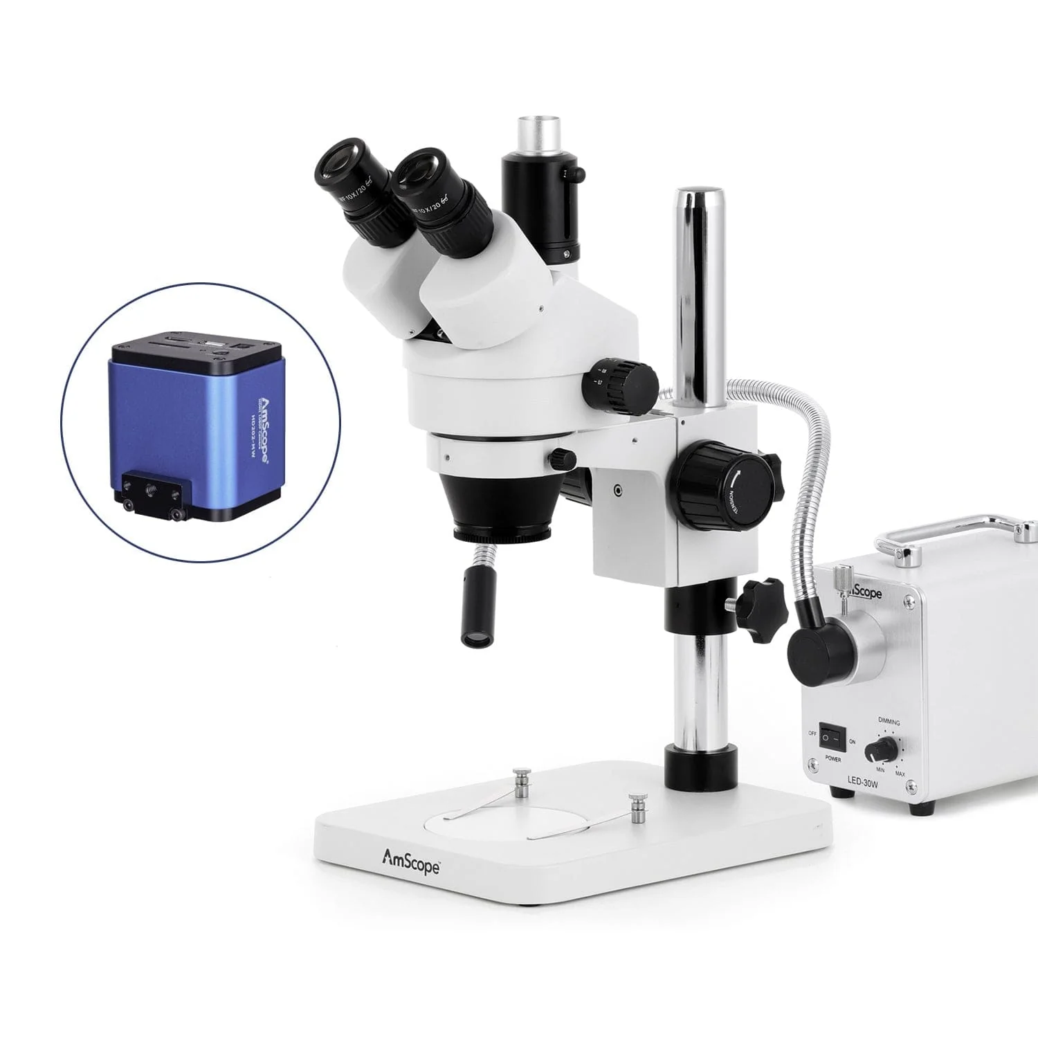 AmScope SM-1 Series Zoom Trinocular Stereo Microscope with 30W LED Single Fiber Optic Gooseneck Light and HDMI Camera on Pillar Stand - Image 5