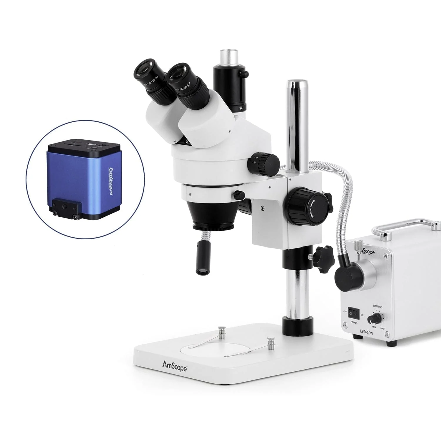 AmScope SM-1 Series Zoom Trinocular Stereo Microscope with 30W LED Single Fiber Optic Gooseneck Light and HDMI Camera on Pillar Stand - Image 9