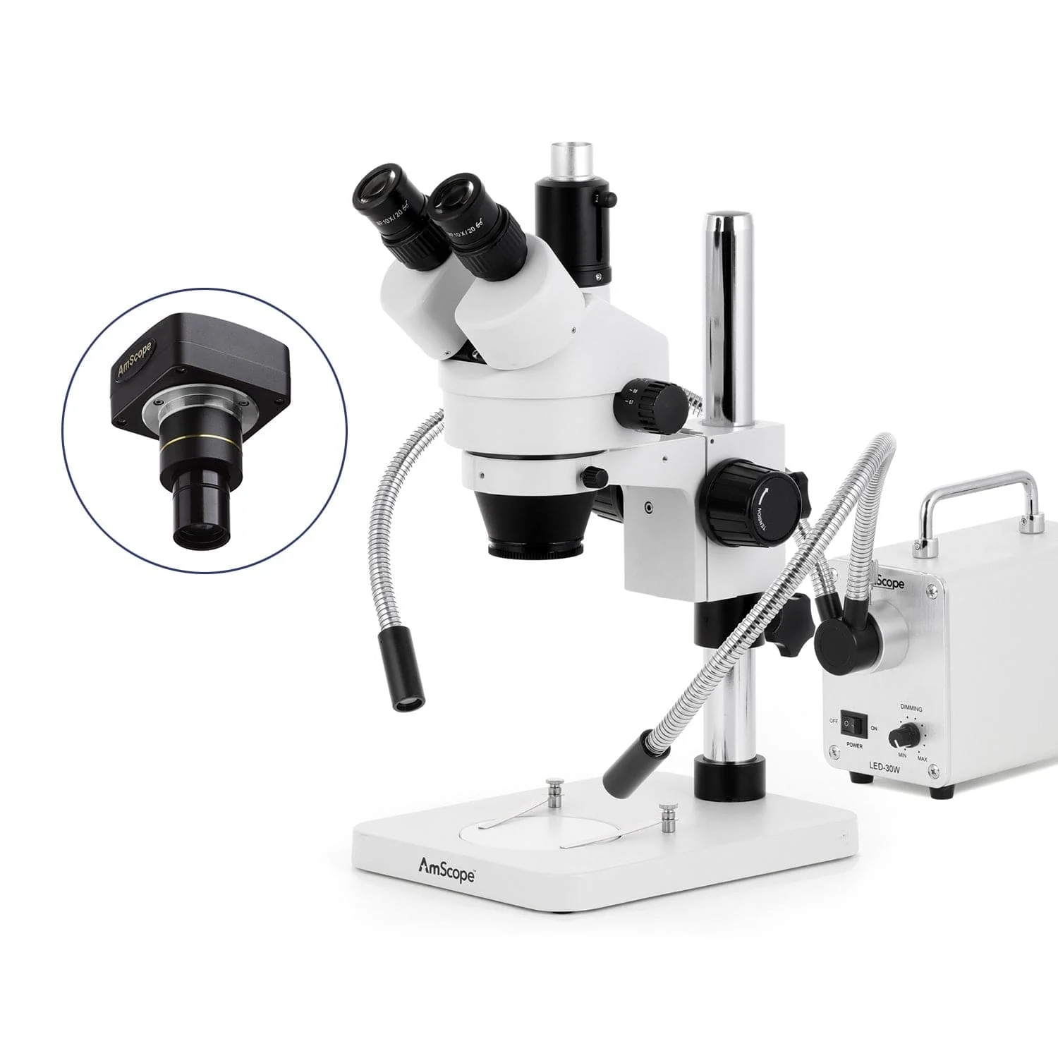 AmScope SM-1 Series Zoom Trinocular Stereo Microscope with 30W LED Dual Gooseneck Fiber Optic Lights and Optional Digital Camera on Pillar Stand - Image 2