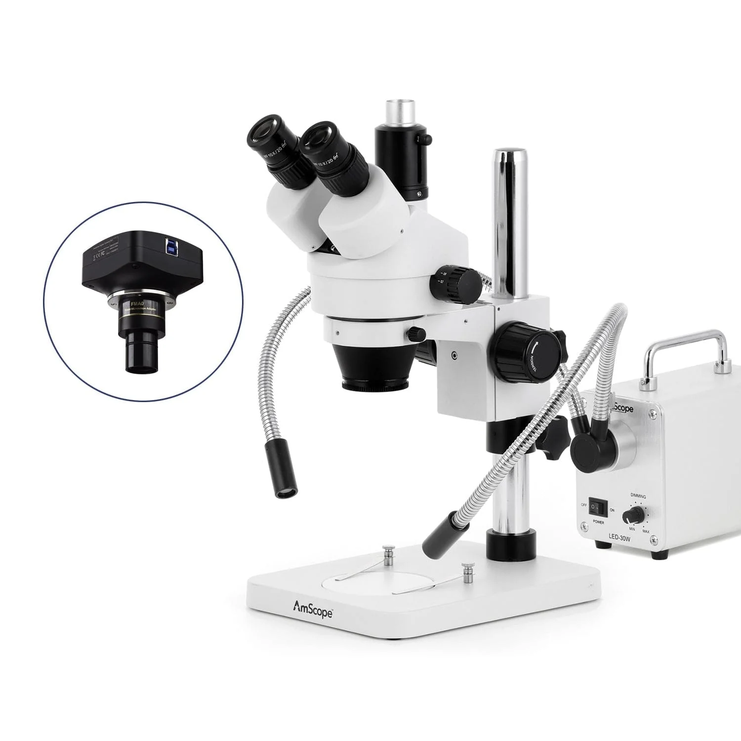 AmScope SM-1 Series Zoom Trinocular Stereo Microscope with 30W LED Dual Gooseneck Fiber Optic Lights and Optional Digital Camera on Pillar Stand - Image 4