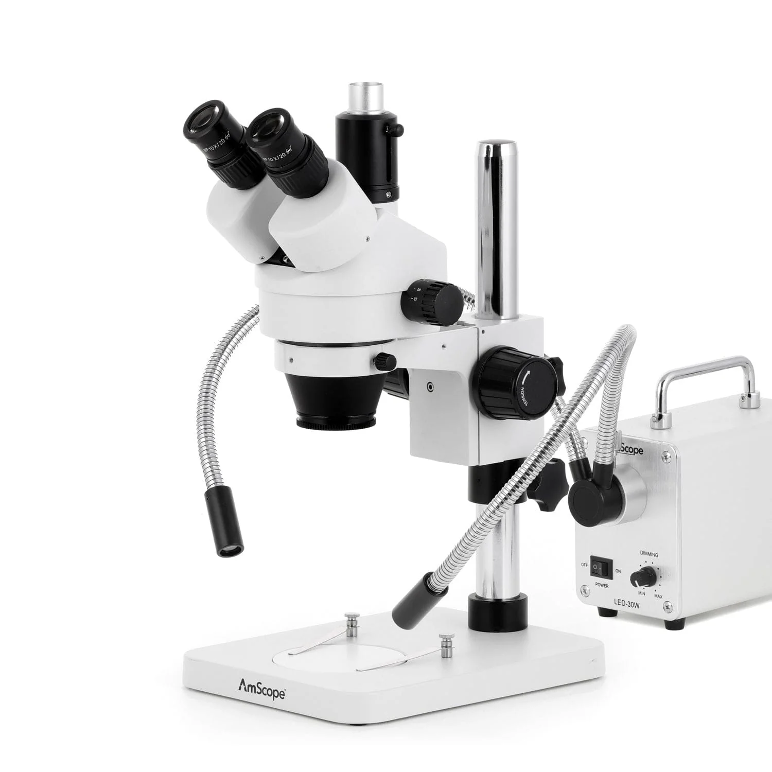 AmScope SM-1 Series Zoom Trinocular Stereo Microscope with 30W LED Dual Gooseneck Fiber Optic Lights and Auto Focus Camera on Pillar Stand - Image 2