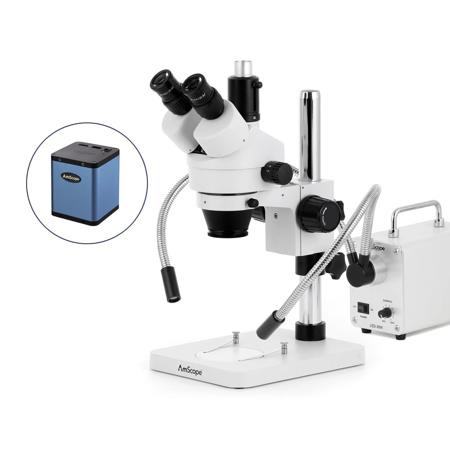 AmScope SM-1 Series Zoom Trinocular Stereo Microscope with 30W LED Dual Gooseneck Fiber Optic Lights and Auto Focus Camera on Pillar Stand - Image 3