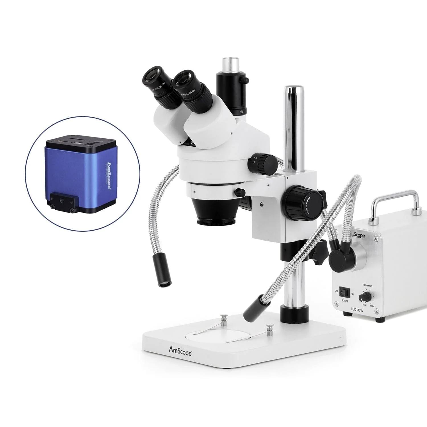 AmScope SM-1 Series Zoom Trinocular Stereo Microscope with 30W LED Dual Gooseneck Fiber Optic Lights and HDMI Camera on Pillar Stand - Image 3