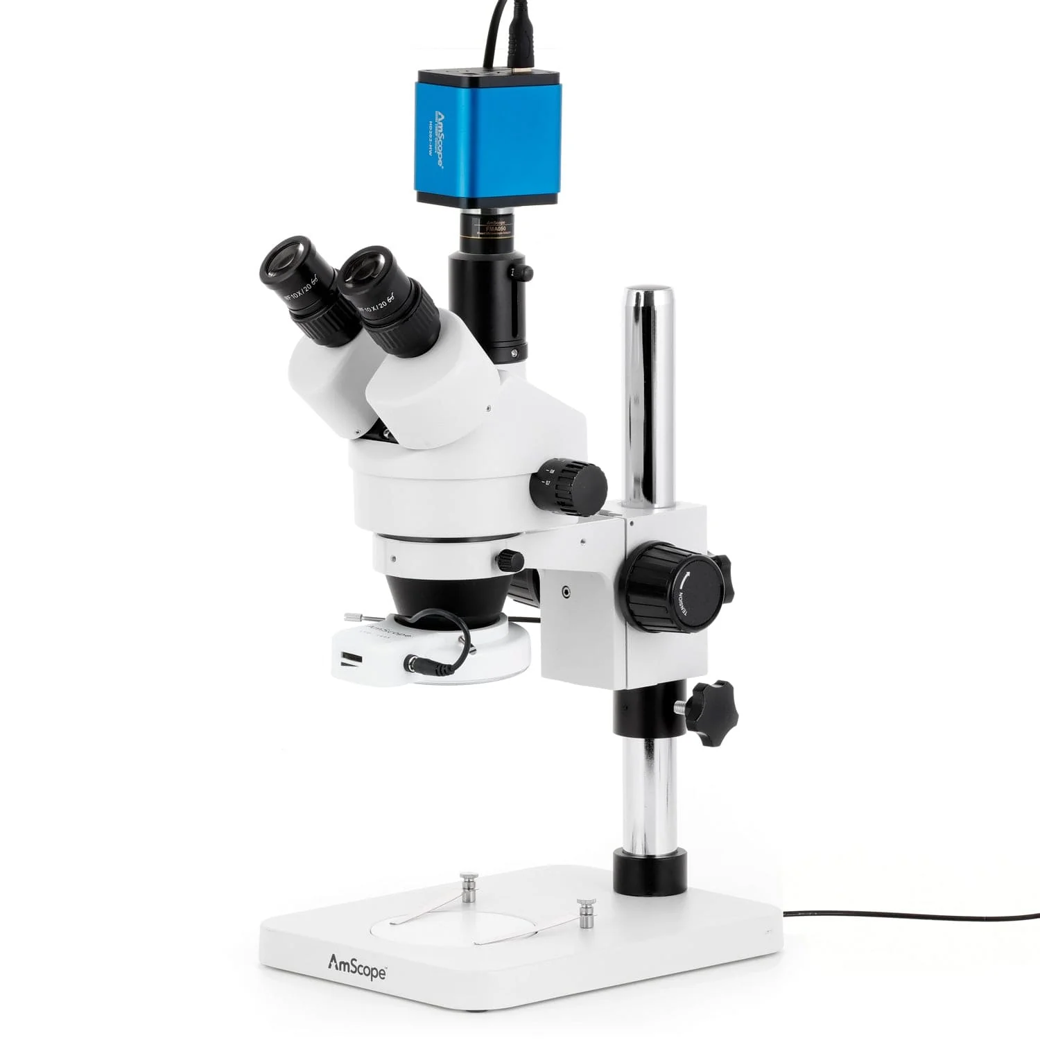 AmScope SM-1 Series Zoom Trinocular Stereo Microscope with 64 LED Compact Ring Light and HDMI Camera on Pillar Stand